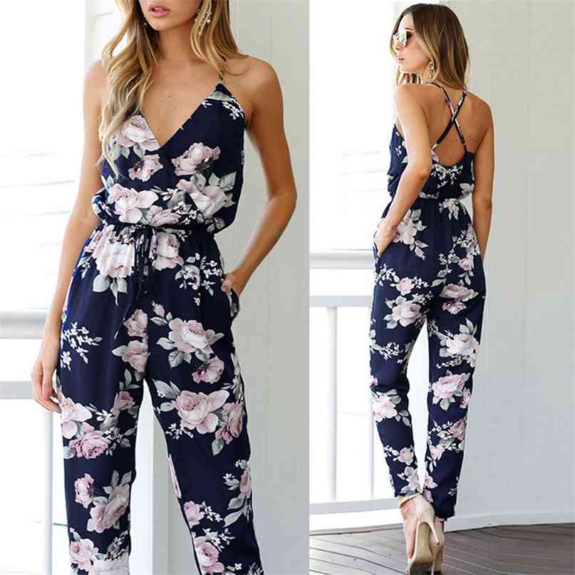 

Rompers Womens Jumpsuit Summer Ladies Blue Sexy Deep V Neck lace Up Sleeveless Floral Back Cross Casual Femme 210607