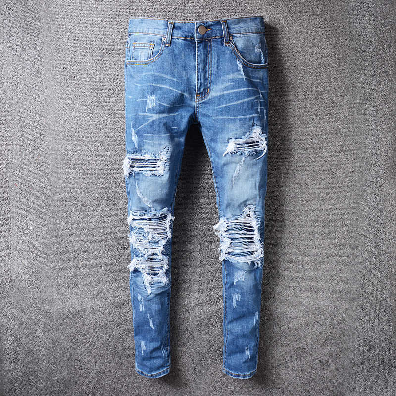 

American Streetwear Fashion Men Jeans Patchwork Blue Color Elastic Slim Fit Destroyed Ripped Denim Punk Trousers Hip Hop Pants