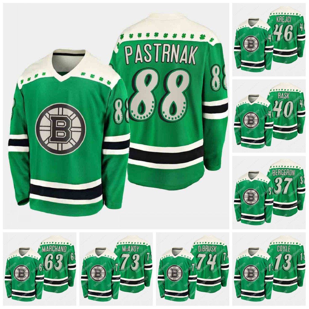 

88 David Pastrnak 2021 St. Patricks Day Jersey Boston Bruins 37 Patrice Bergeron Charlie McAvoy Tuukka Rask Brad Marchand David Krejci, Black;red