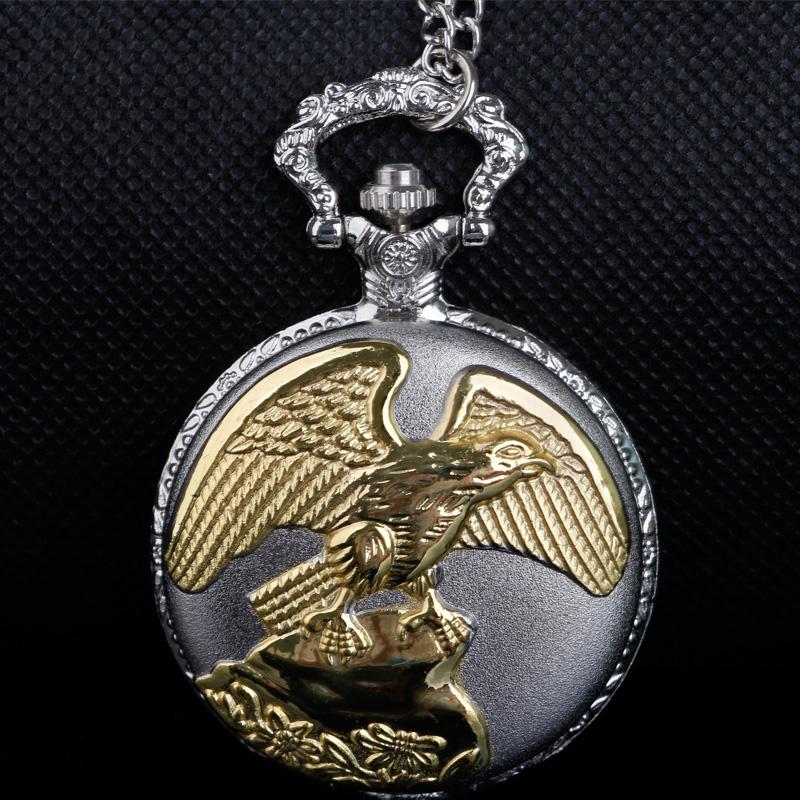 

Pocket Watches Fashion Gold And Silver Eagle Carved Quartz Watch Clock Men Women Trendy Accessories Necklace