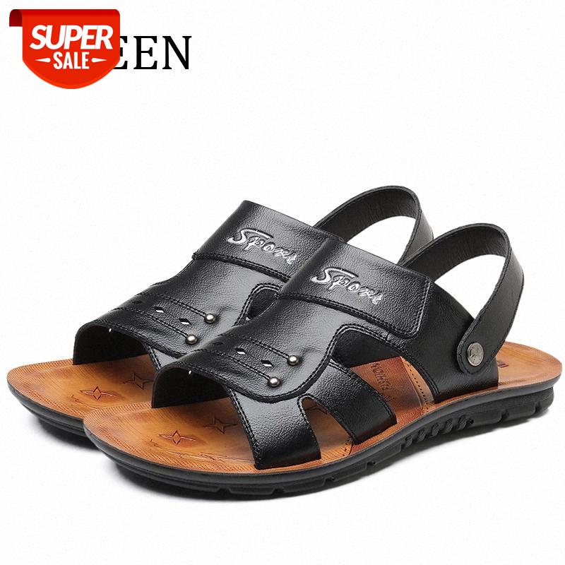 

YWEEN New Men's Sandals Split Leather Men Beach Sandals Men Casual Shoes Flip Flops Size 38-47 #Zv7B, Black