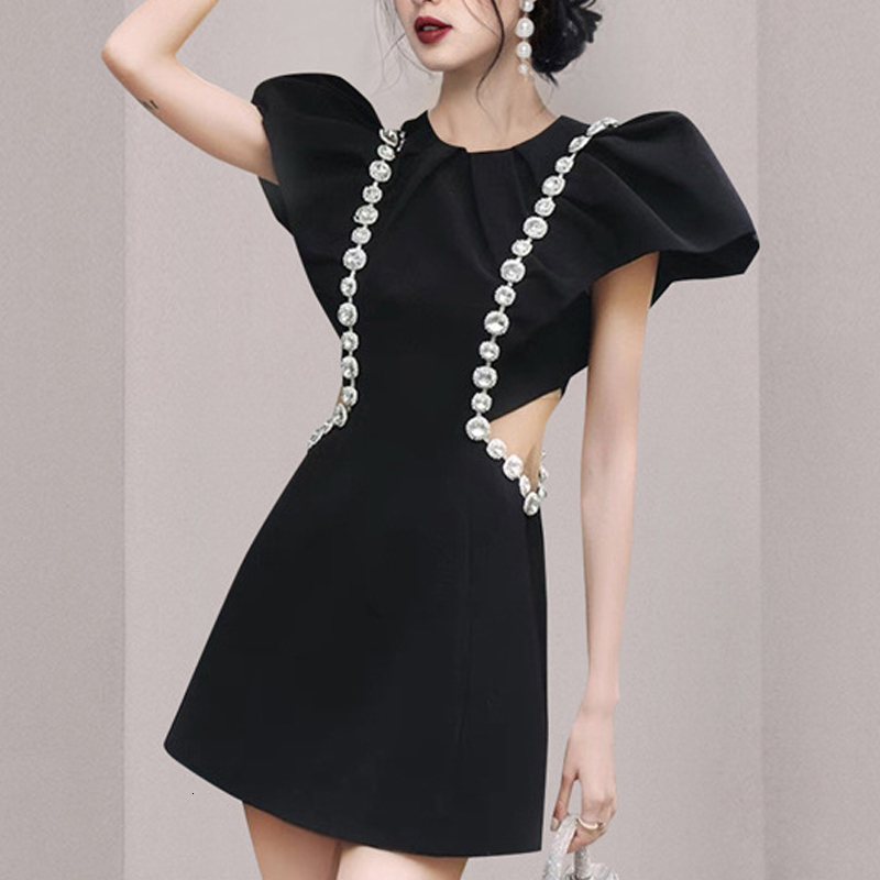 

Casual Dresses Dressed in black retro, elegant girly mini dress with extensions, round collar, casual clothing XDLD, 1# shoe box