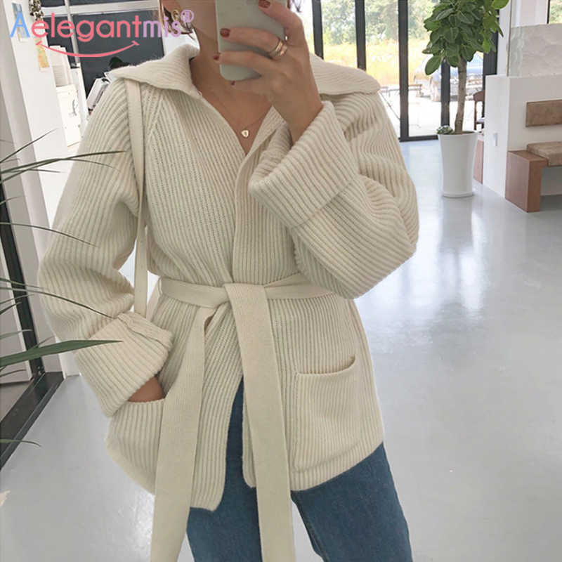 

Aelegantmis Elegant Soft Warm Women Pockets Ribbed Sweater Cardigan Sashes Open Stich Vintage Female Belt Korean 210607, Beige