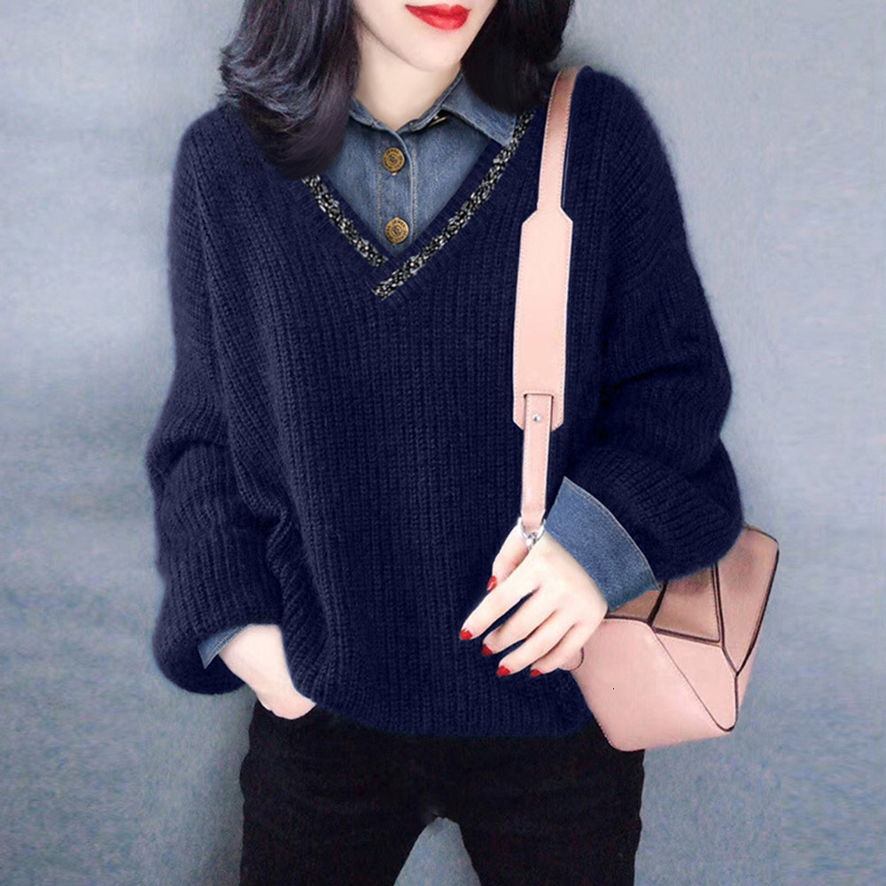 

2021 New Japanese Fashion Casual One-piece Fake Two Sleeve Knitted Sweater P99p, Blue.