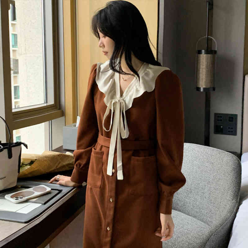 

Elegant Vintage Dress Woman Spring Ins Contrast Color Ruffled V-neck Single-breasted Belt Puff Sleeve Dresses Tide, Black;gray