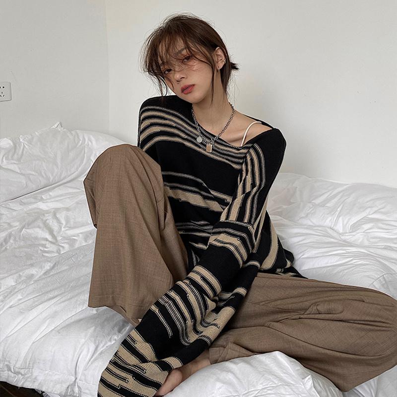 

Women's Sweaters Fafa Large Stripe Sweater Spring And Autumn Loose Lazy Style Design Sense Of Minority Top, Picture color