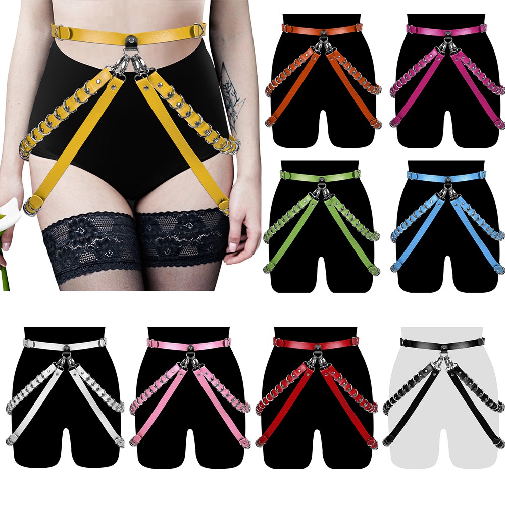 

Harness Leather Costume Underwear Sword Belt Punk Body Bondage Sexy Suspenders Erotic Goth Women Garter Wedding Rave Wear Thigh Bands, Orange yellow