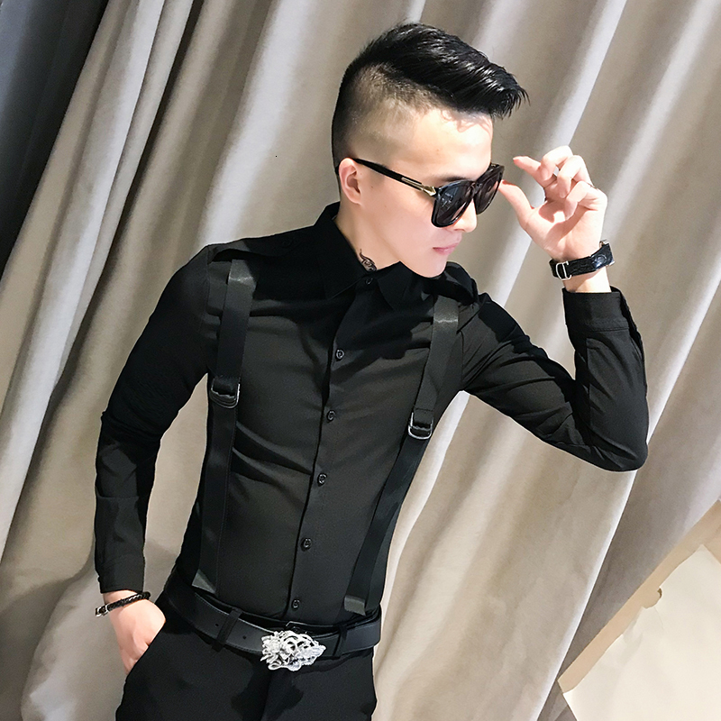 

2021 New Coreano Primavera Nova Manga Longa Camisas Casuais Dos Homens Simples Frente Cinta Emendada Noite Clube Baile De Formatura Todos Os, Black
