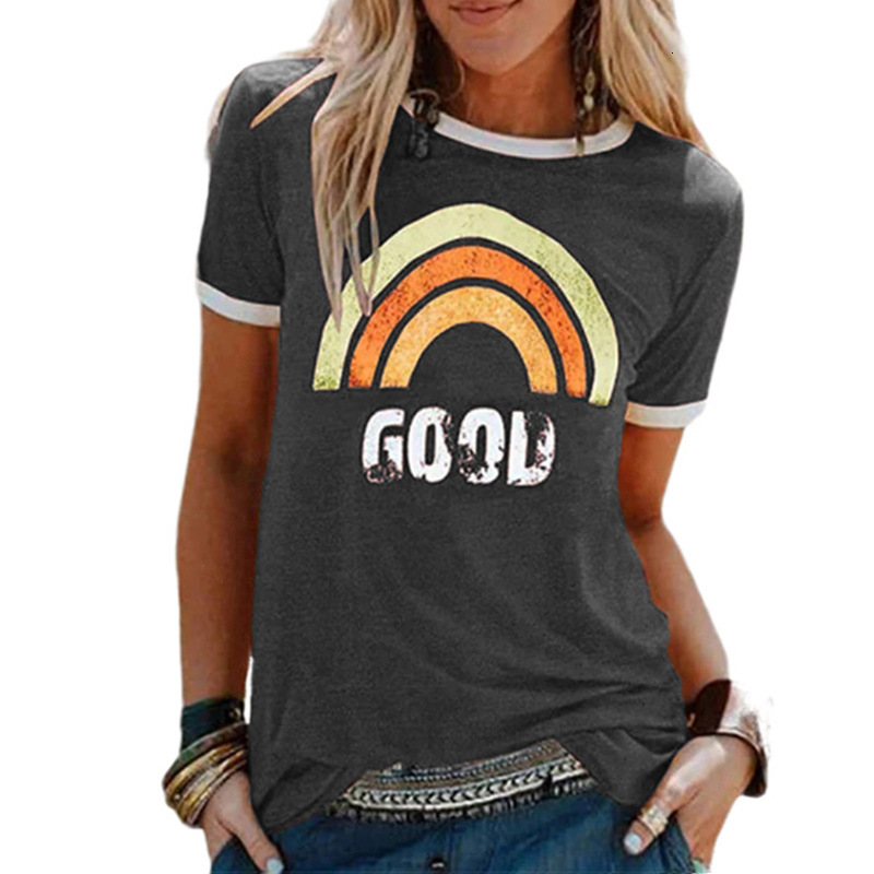 

2021 New t Ladies Women Summer Letter Raiow Printing Short Sleeve Shirt O-neck Casual Top Tee Ropa Mujer Vetement Femme Bhru, Black