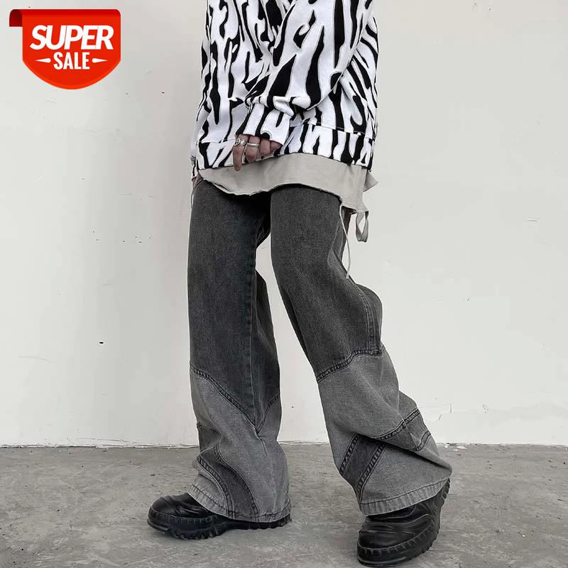 

Color Contrast Spliced Frayed Casual Jeans for Men and Women Straight Loose Washed Denim Trousers Oversize Hip Hop Baggy pants #x86n, Black