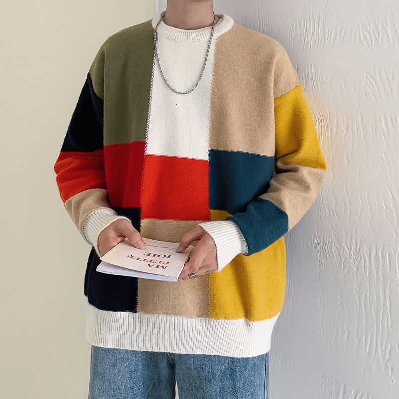 

2021 New Winter Plaid Sweater Men's Warm Fashion Hit Color Casual O-neck Knitted Pullover Men Wild Loose Knitting Sweaters Mens Clothes Phro, White