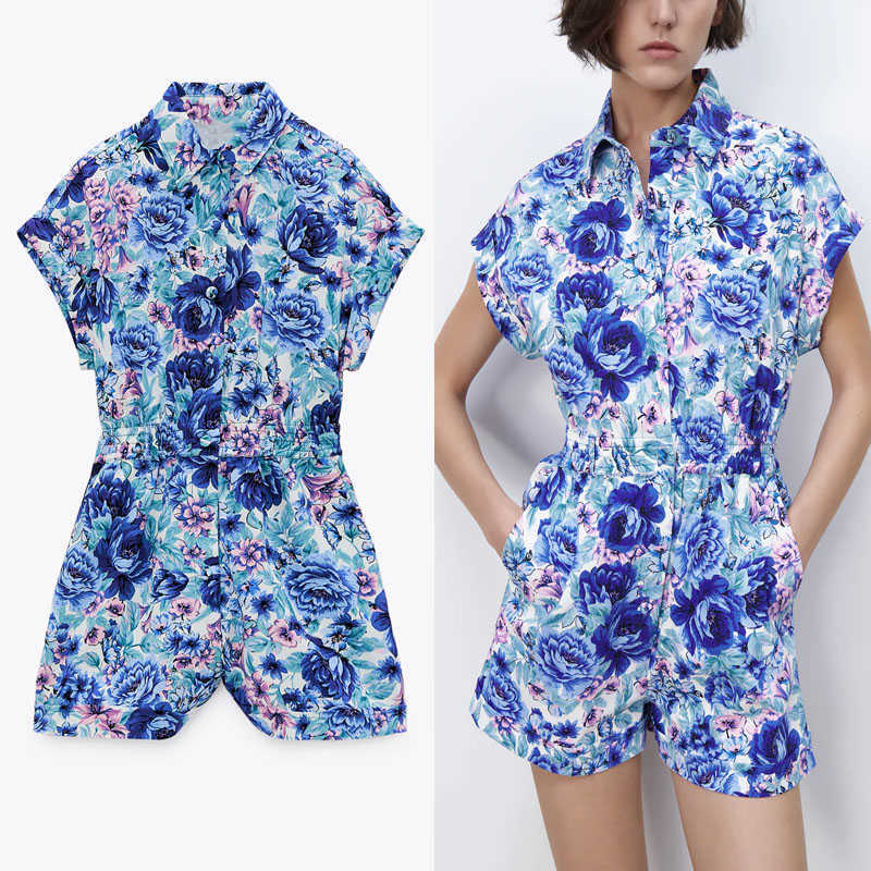

ZA Blue Floral Print Summer Jumpsuit Women Short Sleeve Elastic Waist Jumpsuits Woman Back Patch Pockets Vintage Rompers 210602