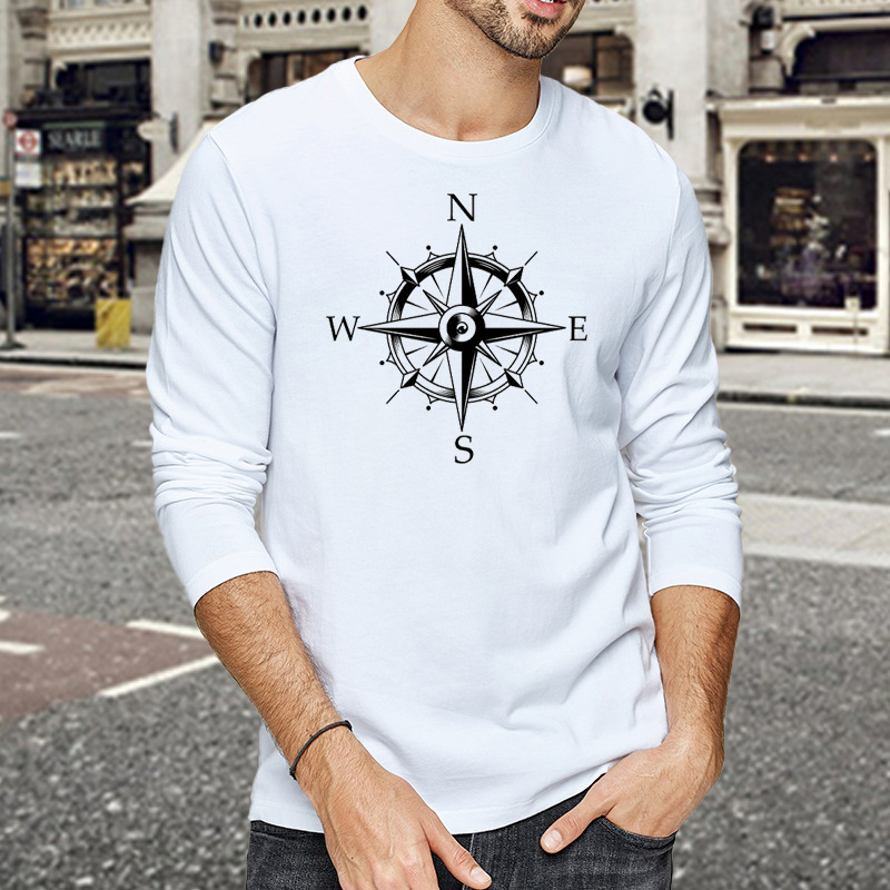 

men's long sve t-shirt men's clothing autumn and winter new trend printing casual round neck cotton t-shirt versatile cloth men, White;black