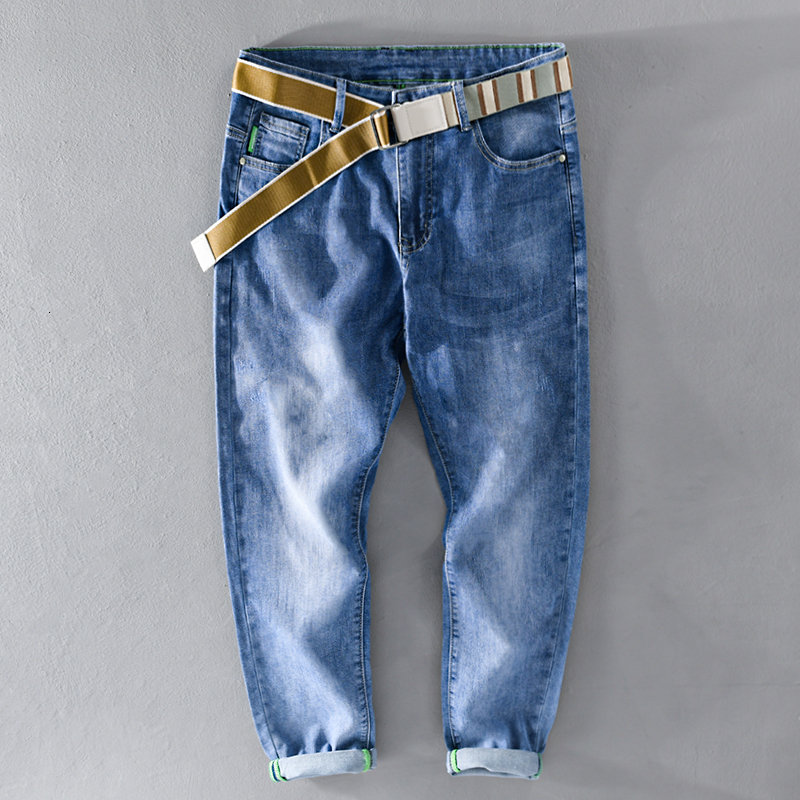 

New 2021 Novo Estilo Da Marca Itlia Algodo De Brim Dos Moda Confortvel Calas Para Homens Tornozelo-comprimento Estiramento Com 0rlq, Blue (with belt)