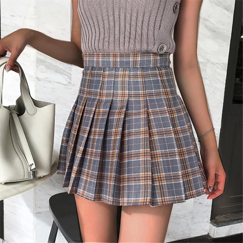 

chic summer plaid a line womens skirt harajuku korea sweet pleated cute high waist kawaii skirts casual japan mini, Black