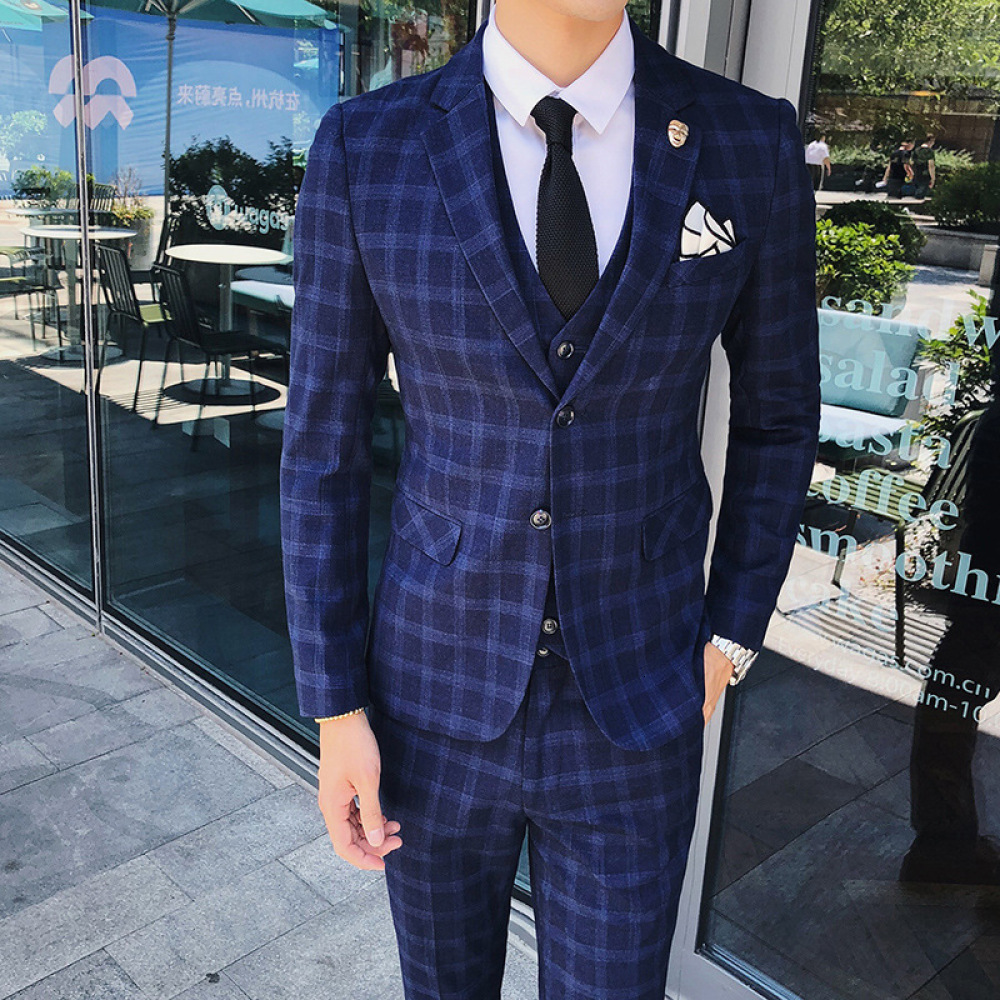 

20120 Men's Plaid Wedding Dress Suit Pieces Fashion Boutique Male Formal Business Suits (jacket Vest + Pants) Mphb, Dark grey