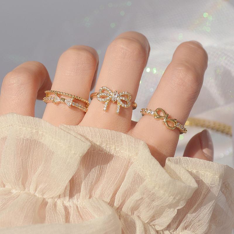 

Cluster Rings Delicate Jewelry 14K Real Gold Adjustable Crystal Knot For Women Cute Cubic Zircon Engagement