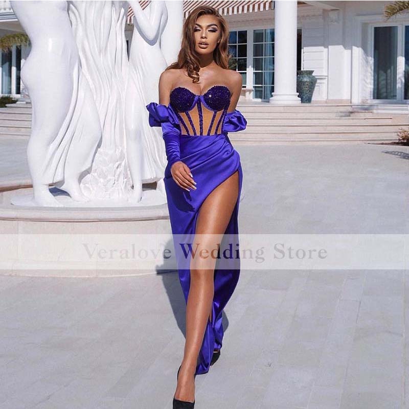 

Purple Sexy Prom Dress High Side Split Satin Evening Cocktail Party Gowns 2021 Long Sleeves Robe De Soiree Mariage, Lavender