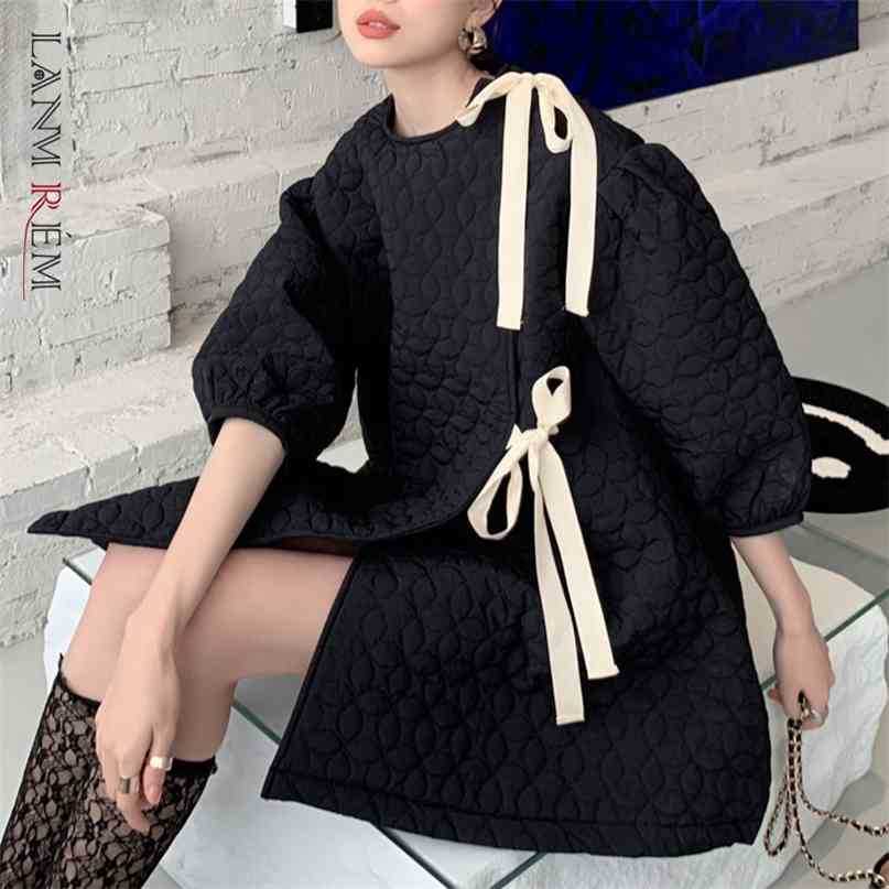 

Spring Autumn Dress Women Puff Sleeve Plus Size O Neck Cotton Short Dresses Fashion Streewear Clothes 2A3297 210526, Black
