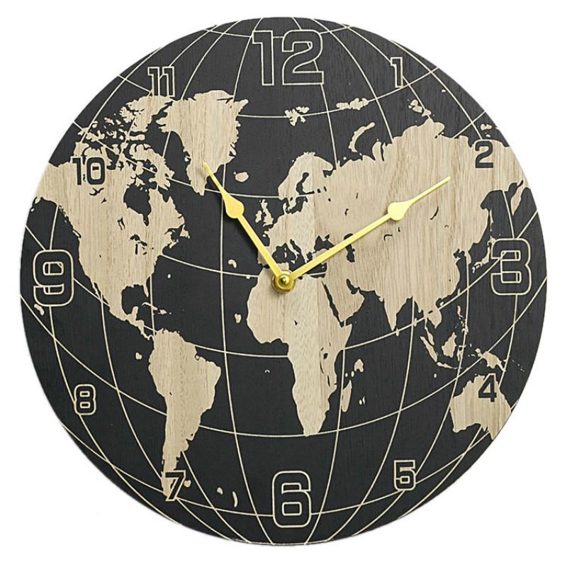 

Wood Wall Clock Silent Black Living Room Round Office Creative Clocks Modern Design Map World Duvar Saati Home Decor BY50WC