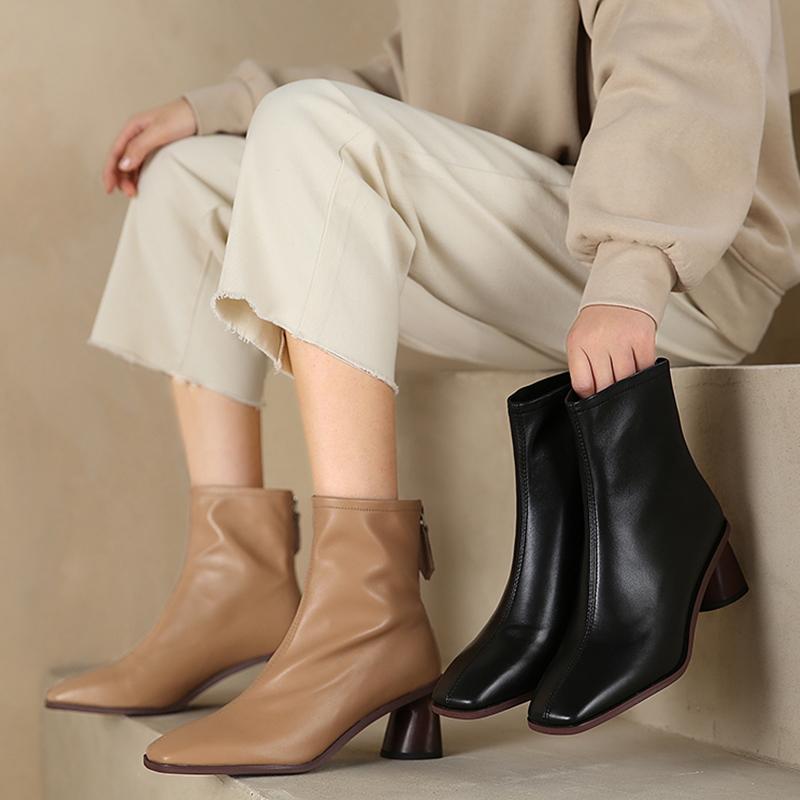 

Boots Basic Genuine Leather Square Toe Thick High Heels Women Ankle Office Lady Autumn Winter Concise Mature Shoes Woman, Black autumn