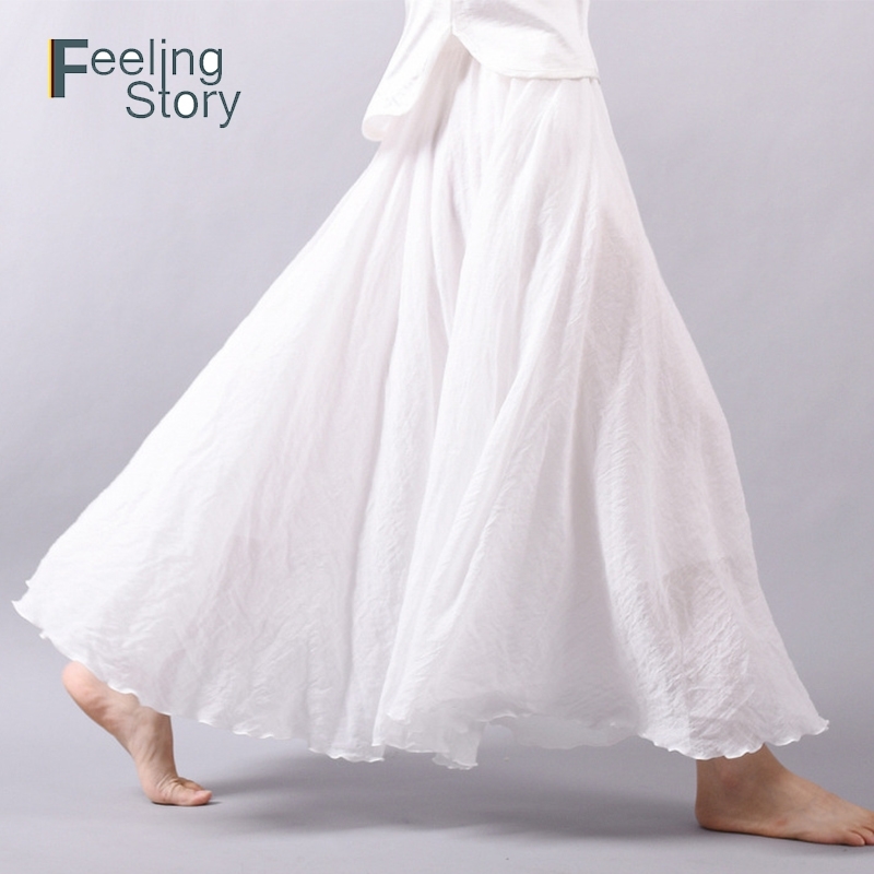 

Korean Women Long White Pleated Midi Skirt Summer With High Waist Linen Cotton s Elastic Maxi Faldas Saia 210603, Black