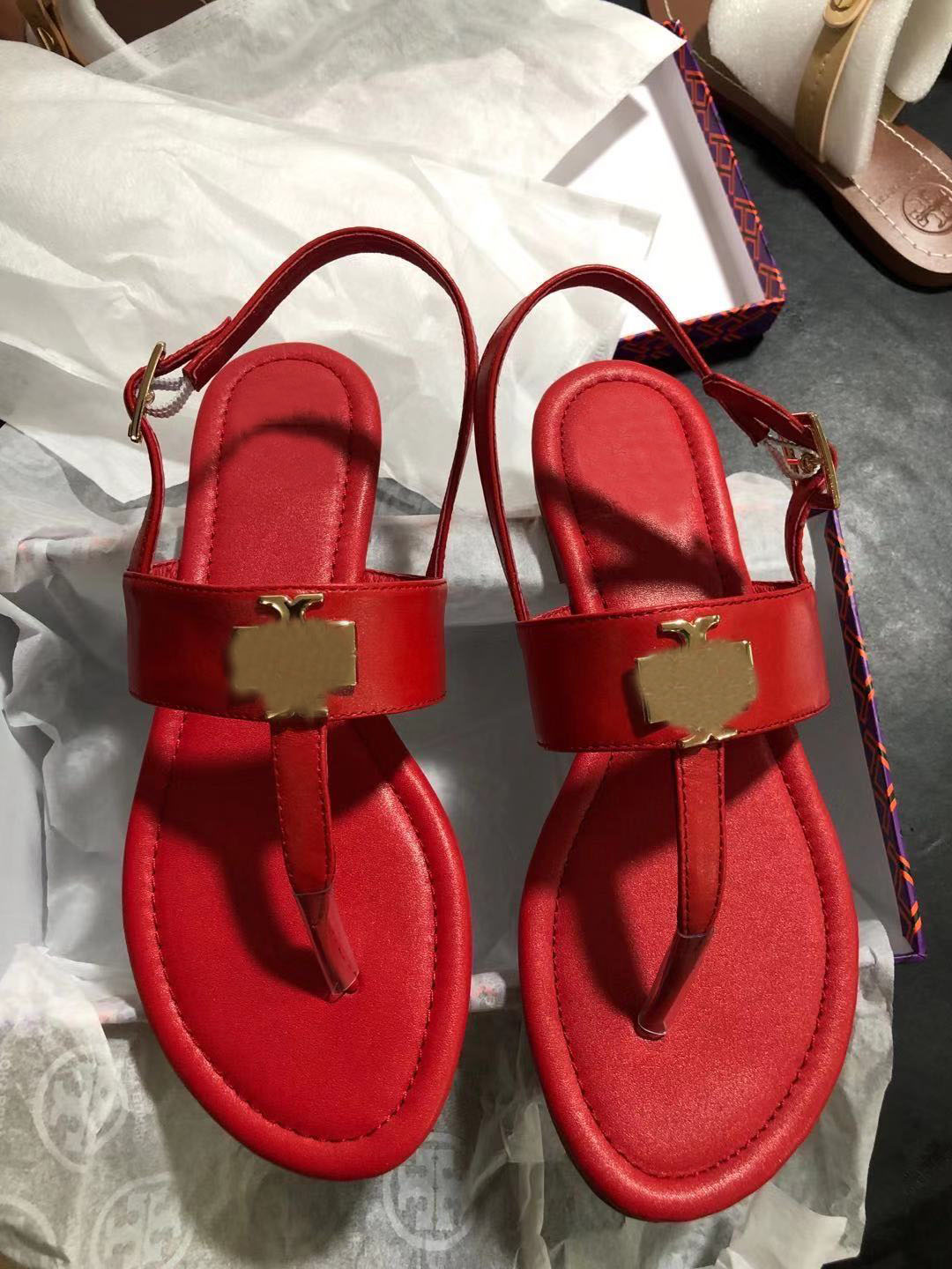 

Bear's American Tb Travel Big Size Cowhide Summer Sandals Women's Summer Flat Bottomed Beach Slippers Women's Clip Toe Herringbone[it Will Zlh