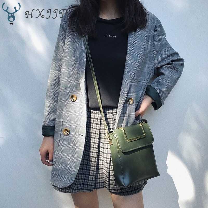 

Spring Women Jackets Blazer Work Outfit Checkered Ringer Sleeve Pocket Loose Cardigan Office Wear Brown Gray Plaid Outwear 210607, Coffee