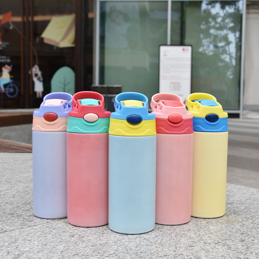 

2021 Wholesale 12oz 304 Stainless Steel Kids water bottles Double wall vacuum insulated UV Sublimation Cups Blanks Sippy Tumblers with Flip Top in bulk A16, 5 colors