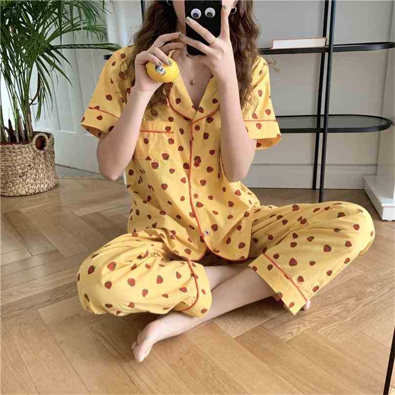 

Chic Loose Printed Vintage Summer Homewear All Match Stylish Two Piece Suit Sets Cotton Femme Pajamas Sleepwear 210525, Photo color