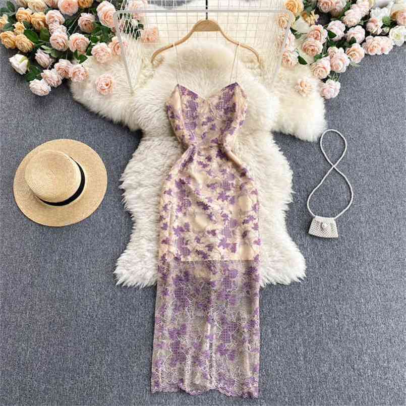 

Summer Women' Dress Elegant V-neck Spaghetti Strap Floral Lace Hollow Out Midi Sexy Blackless Evening Party 210603, Purple