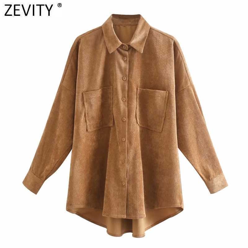 

Zevity Women Fashion Pockets Patch Casual Loose Corduroy Blouse Office Lady Irregular Shirts Chic Chemise Blusas Tops LS7394 210603, Op ls7394g