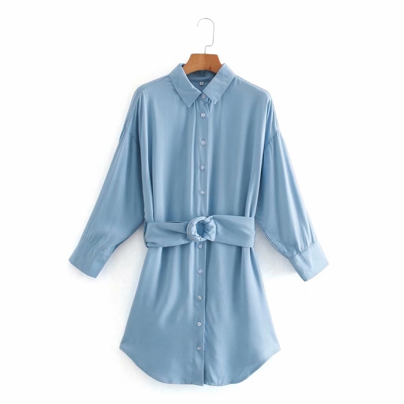 

Casual Solid Color Cotton Shirt Dress Women Puff Sleeve Loose Plus Size Spring Above Knee Mini With Belt Female NX9763 210525, Blue