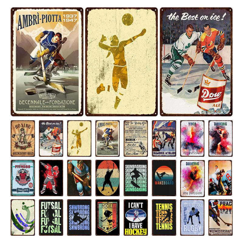 

Sports Athlete Metal Signs Volleyball Dance Yoga Ice Hockey Rugby Retro Tin Sign Shabby Plaques Gym Club Wall Plate Poster Decor