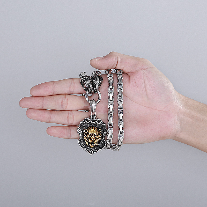 

Men Large Stainless Steel Lion Head Biker Pendant Necklace Double Wolf King Byzantine Chain 6mm 28 Inch Silver
