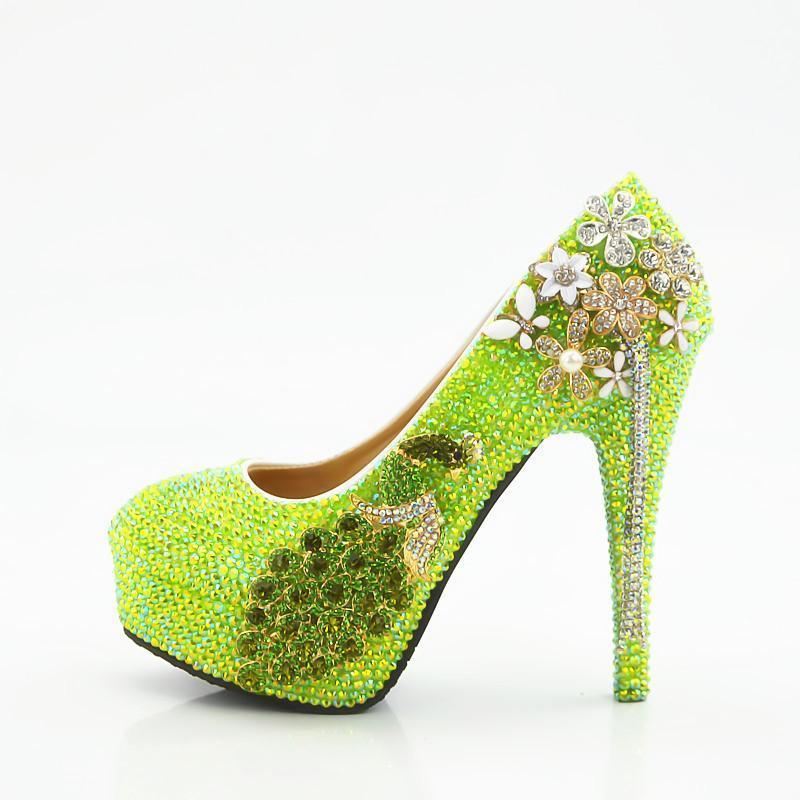 

Dress Shoes Green Bling Crystal Women Party Bride Wedding Peacock Rhinestone Lady Platform 11cm Super High Heels Pumps, 11cm shoes
