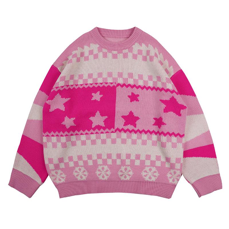 

Men's Sweaters Flower Neck Harajuku Retro Blouses Striped Standard Couple Crew Autumn Oversize Japanese Sweater Casual Male, White;black