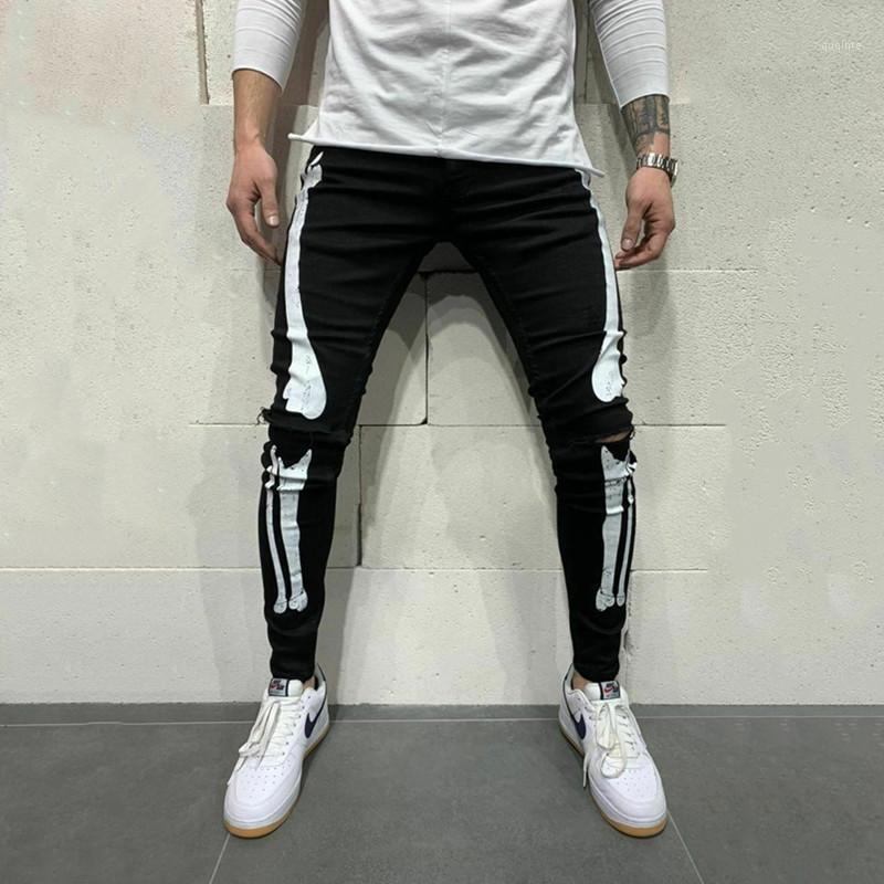 

High Street Fashion Men Biker Jeans Bone Print Black Personal Designer Printed Punk Pants Stretch Skinny Hip Hop Men's