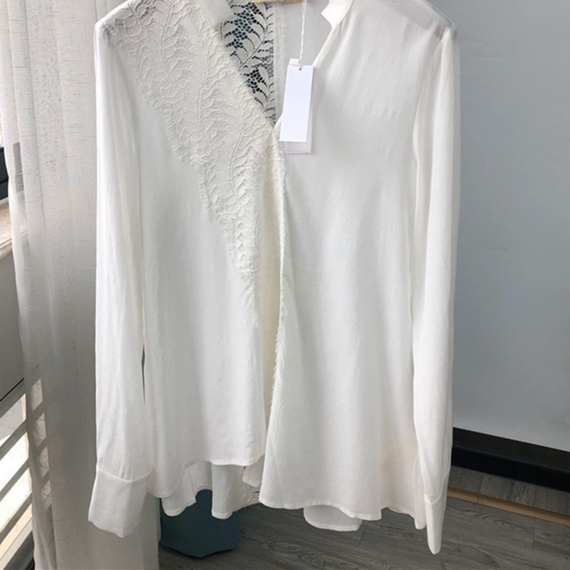 

2021 New Lao Costura Camisa Feminina 100% Viscose Manga Longa Preto Branco Oco Para Fora Com Decote Em v Elegante Escritrio Senhora Blusa P6, Black