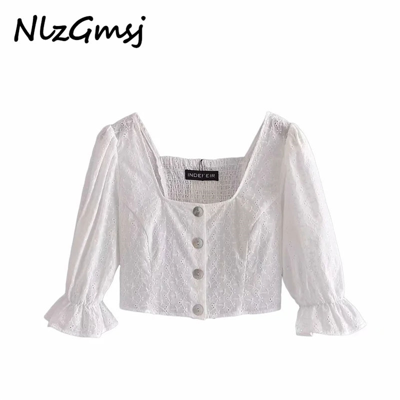 

Women Blouse Square Neck Long Sleeve Lace Crochet Shirt Crop Tops Summer High Street 04 210628, As picture