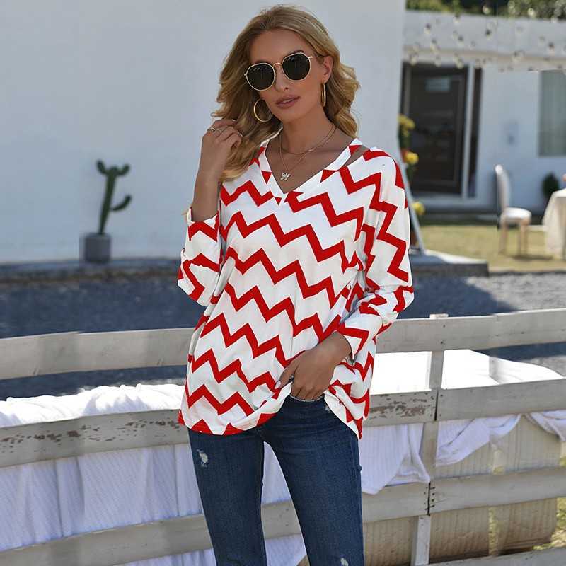 

Summer Striped Print T Shirts For Women Clothes Fashion V Neck Long Sleeve Casual Tee Shirt Female Loose Oversized Ladies Tops 210608, Red