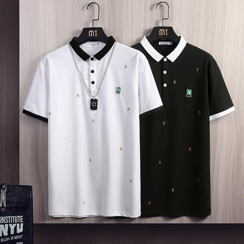 

short sleeve shirt summer mens polo fashion slim business lapels striped color matching breathable jerseys, White;black