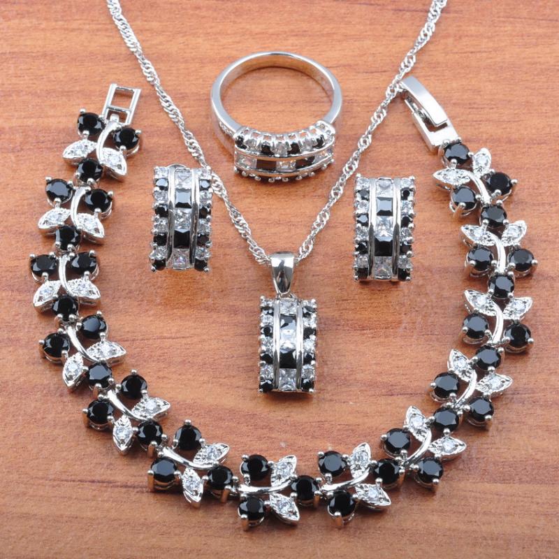 

Earrings & Necklace Bridal Wedding Jewelry Sets Silver Color For Women Black Cubic Zirconia Fashion Costume Bracele Set 2021 Js0144, As pic