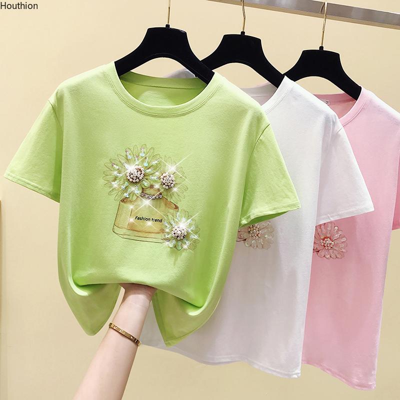 

Women' T-Shirt Houthion Cotton Regular 2021 Casual Tshirt Fashion Short Sleeve Diamond Flower O-neck T Shirt Summer, Green