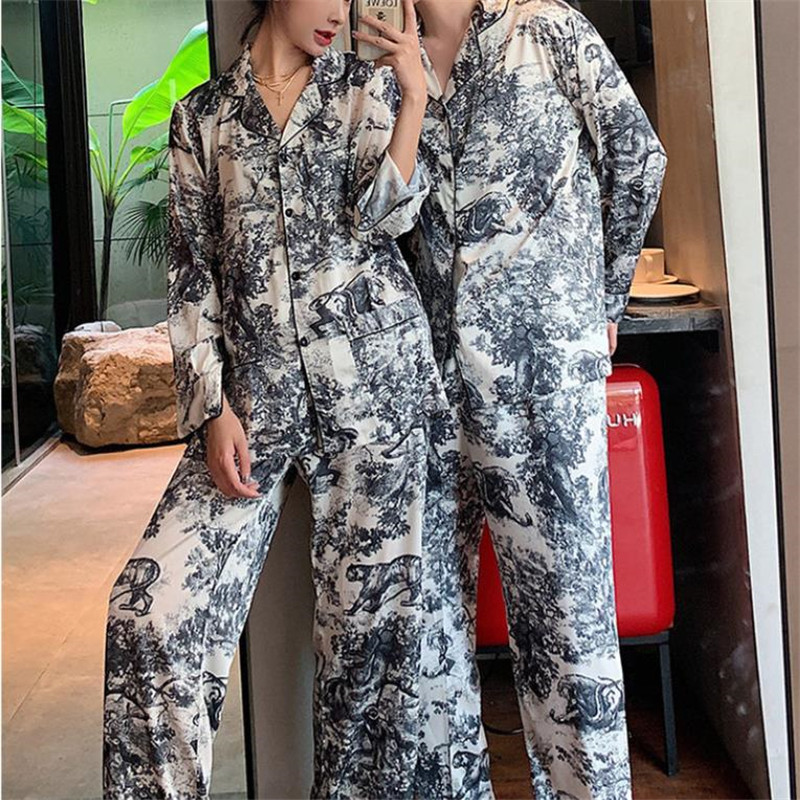 

Spring Autumn Couple Silk Pajamas Home Clothing Ink Painting Satin Sleepwear Men Women Lapel Neck Pajama Long Sleeve Trousers