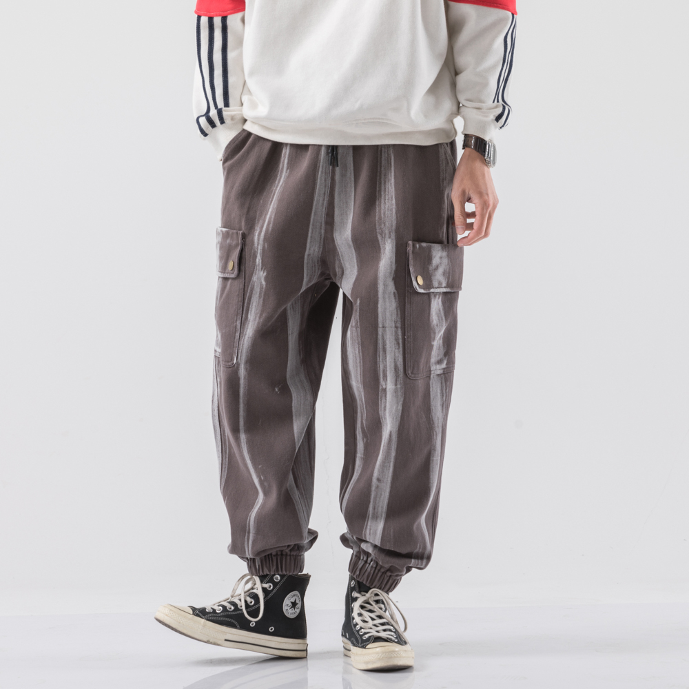 

New 2021 Autumn Striped Cargo Joggers Streetwear Men Cotton Loose Fashion Mens Elastic Waist Harem Pants Trousers Ytps Cko9, Light grey