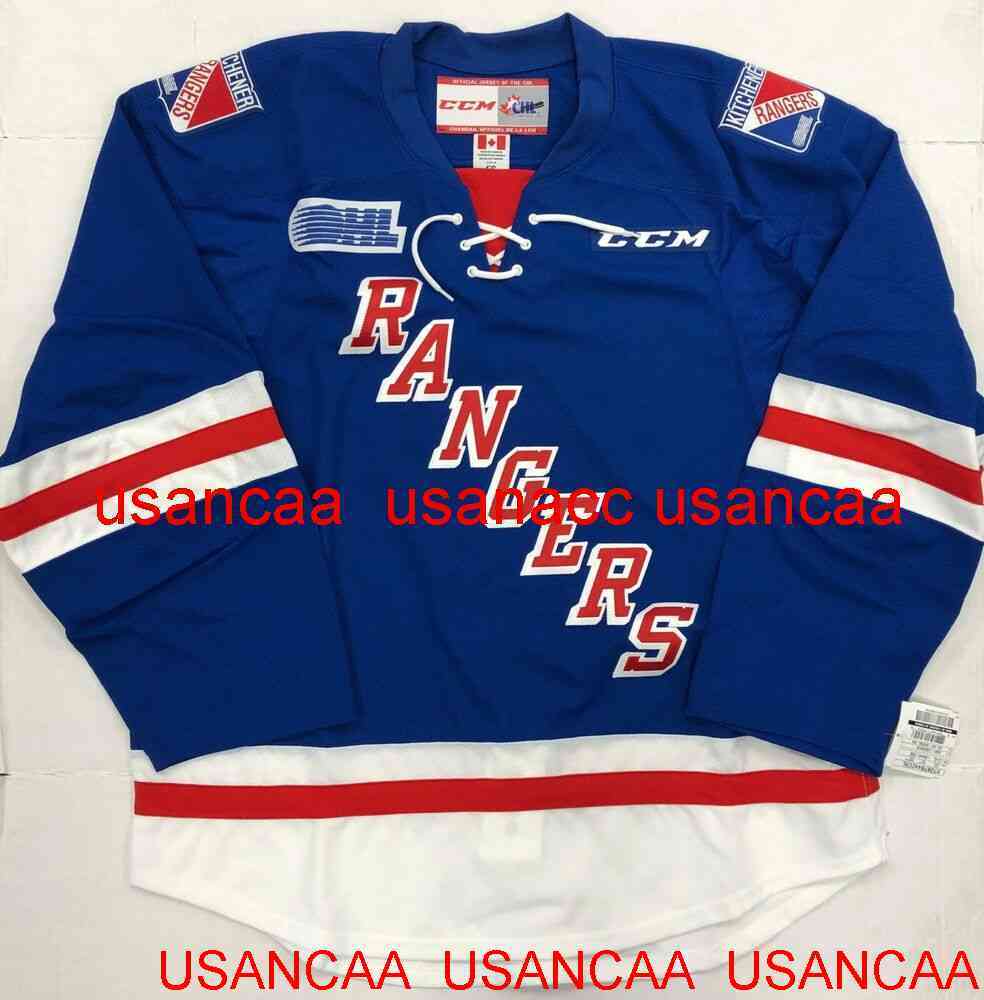 

Stitched New CCM Kitchener Rangers BLUE Hockey Jersey OHL custom any name number XS-6XL, Black