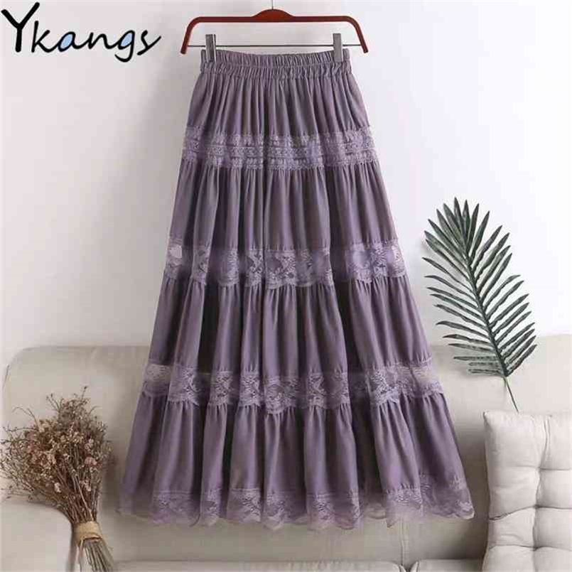

Sweet kawaii Chiffon Lace Stitching A-line pleated skirt Women's High Waist Midi Skirts Black Purple Elegant Party Long Skirt 210702, White