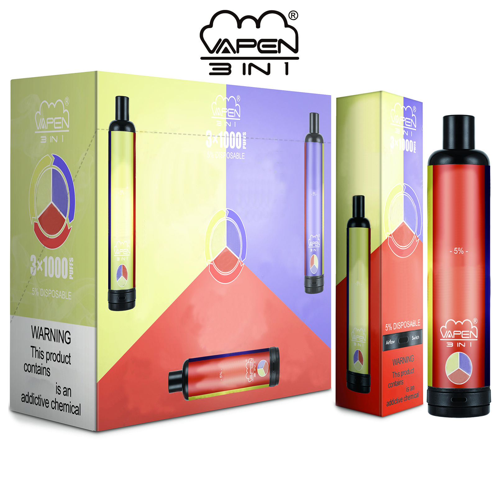 

Original VAPEN 3 IN 1 PUFF 3000 Disposable electronic cigarette Vape Pen e 1400mAh 8 combinations Colors available Airflow Vaporizer Pre-Fil