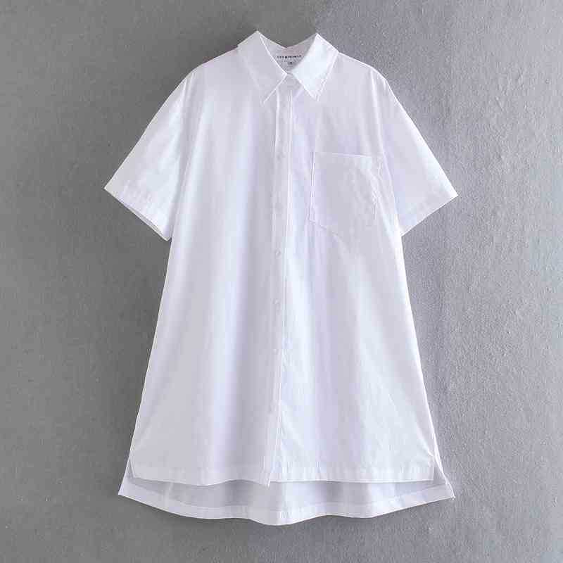 

Casual White Cotton Blouse Short Sleeve Pocket Loose Plus Size Long Shirts Women Summer Tops 210525